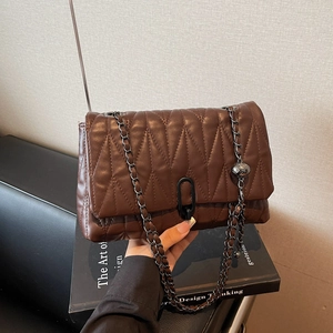 Women Fashion Quilted PU Leather Crossbody Bag Elegant V-Stitched Shoulder Bag With Metal Chain And Ball Decoration Square Handbag