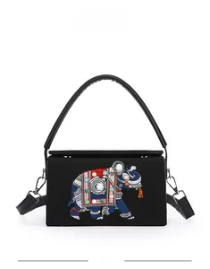 Detail of elephant embroidery and pearl beads on black vintage crossbody bag