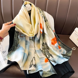 Écharpe Châle Peinture À L Encre Chinoise Vintage Élégant Imprimé Montagne Pin Satin Synthétique Légère Pour Femmes
