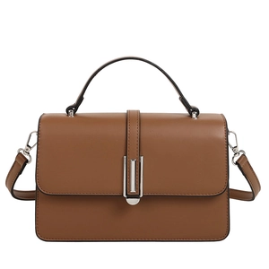 Minimalist brown leather crossbody square bag with silver buckle and top handle