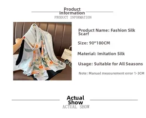 Detailed view of floral printed shawl measuring 90x180cm in lightweight faux silk fabric
