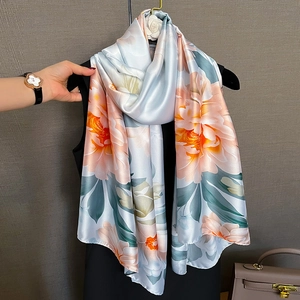 Elegant Floral Print Scarf For Women Large Satin Imitation Satin Shawl Lightweight Satiny Wrap Fashion Pashmina Accessory