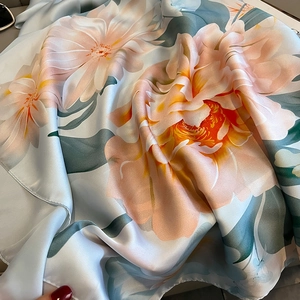 Elegant floral print silk shawl in light blue with large pink peonies for women
