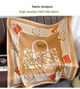 Close-up of premium twill silk scarf featuring vintage handbag prints and checkered border