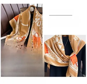 Detail of the high-quality hemmed edges on a French-style silk scarf with bag pattern