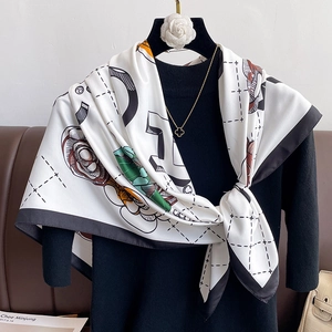 Elegant floral print silk scarf with abstract geometric patterns on ivory background