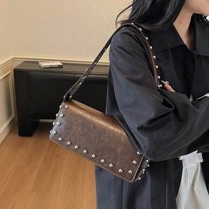 Vintage dark brown square shoulder bag with silver rivet studs and glossy leather finish