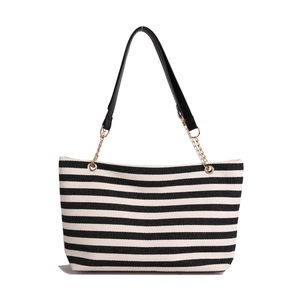 Large capacity striped tote bag with black leather and gold metal chain shoulder straps
