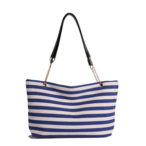 Classic blue and white striped tote bag with chain strap and large capacity design