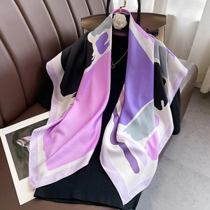 Silk-like satin square scarf with geometric purple and pink patterns for women