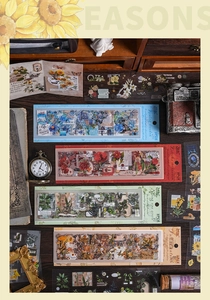 Colección de pegatinas PET retro de 6 piezas con cuatro temas estéticos en mesa de madera