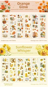 Details von wasserfesten PET-Aufklebern mit Vintage-Blumen und Sonnenblumen-Motiven