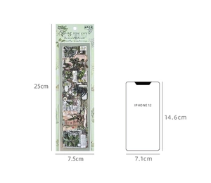 Comparación de tamaño del set de pegatinas botánicas de 25x7,5cm con iPhone 12
