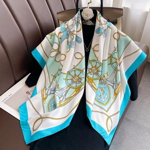 Elegant 90cm blue nautical print silk scarf with golden rope and anchor patterns