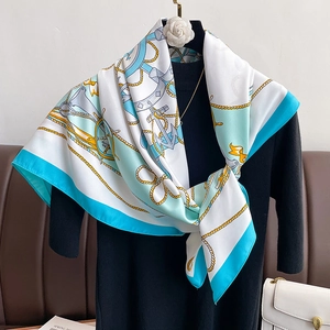 Large Square Scarf Nautical Anchor Rudder Print Polyester Satin Twill Shawl For Women French Style Color Block Travel