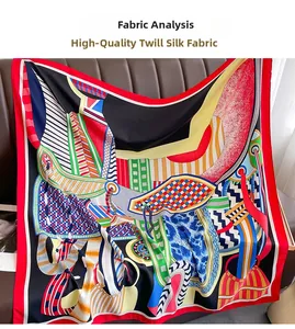 Close-up of premium twill silk square scarf featuring vibrant geometric patterns