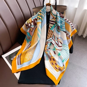 Fashionable 90x90cm square silk scarf with equestrian horse print and geometric patterns