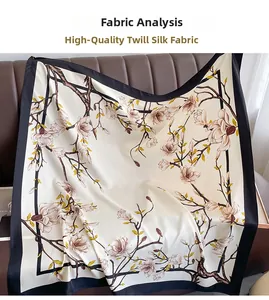Detailed view of premium twill silk scarf featuring elegant magnolia floral patterns