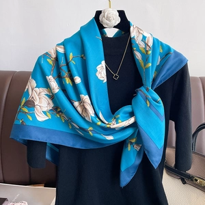 Elegant lake blue silk square scarf with white magnolia floral print and navy blue border