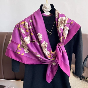 Vintage purple floral silk scarf with white magnolia print for women shown as a stylish shawl