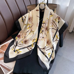 Women Square Scarf Elegant Magnolia Floral Print Polyester Satin Lightweight Sunscreen Wrap Shawl Vintage Fashion Headscarf