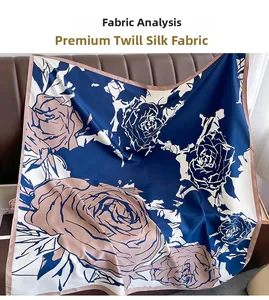Detail of premium navy blue twill silk square scarf with pink rose floral print and border