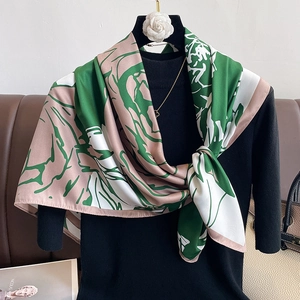 Elegant square floral silk scarf with green and brown abstract leaf print for women