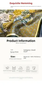 Detail of 100% mulberry silk scarf with floral print and hand-rolled edge, 65x65cm