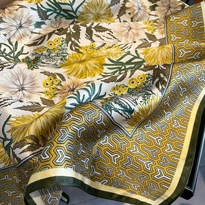 Elegant floral mulberry silk scarf with vintage geometric border and satin finish