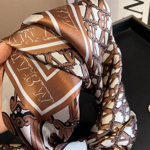 French retro 100% mulberry silk square scarf with vintage letter pattern and glossy finish