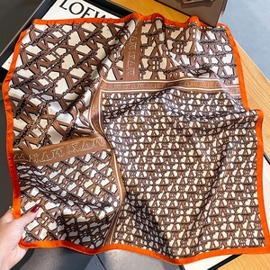 French retro orange silk scarf with luxury letter monogram pattern for women