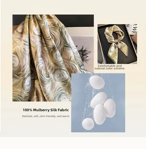 Détail d'un foulard en 100% soie de mûrier avec motifs abstraits et texture satinée