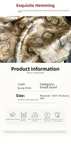 Infographie du foulard en soie de mûrier 100% détaillant la taille 65x65cm et l'entretien