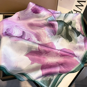 Elegant silk scarf featuring vintage purple tulip prints and a dark green border design