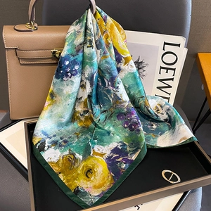 Foulard Carré En Satin De Mûrier Peinture À L'huile Imprimé Fleuri Élégant Accessoire De Mode Léger Pour Femmes