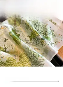 Close-up of fine hemmed edges and forest animal print on silk square scarf