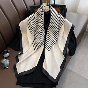 Large Square Scarf Women Black White Geometric Stripe Print Twill Satin Neckerchief French Style Office Lady Headscarf
