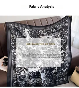 Close-up of premium twill silk scarf with black and white Toile de Jouy animal print