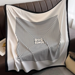 Large 90cm square silk scarf featuring black geometric lines on cream background