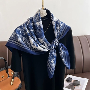 Elegant ivory and navy blue large silk scarf with nature landscape print for women