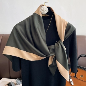 Elegant emerald green and champagne silk square scarf with minimalist color-block design