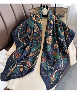 Detail of vintage floral silk scarf with dark navy base and ornate bird patterns