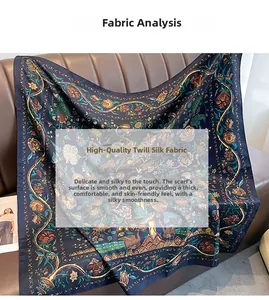 Macro detail of silk twill scarf featuring vintage floral and peacock prints on navy fabric