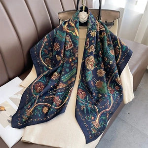 Vintage floral silk square scarf with peacock pattern on navy blue base for women
