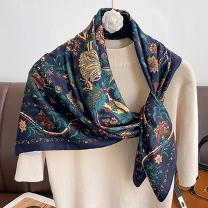 Vintage Floral Peacock Print Square Scarf Polyester Satin Elegant French Style Satin Like Headwear For Women