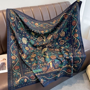 Vintage navy blue silk floral scarf featuring elegant peacock and tree of life patterns