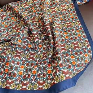 Satin silk large square scarf with vintage floral prints and navy blue contrast borders