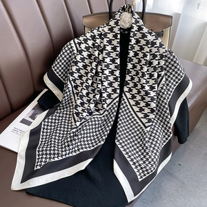 Elegant Houndstooth Square Scarf Twill Polyester Satiny Shawl Wrap French Style Versatile Fashion Accessory For Women