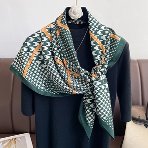 Classic houndstooth plaid silk shawl scarf with orange fashion print for women