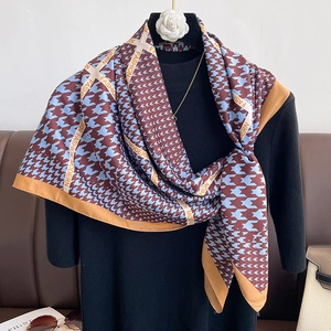 Classic plaid square silk scarf in navy blue with geometric prints and fashion lettering